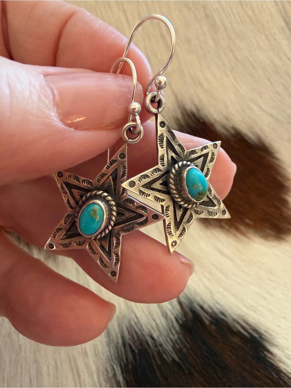 ❤️ Western Style Star Kingman Turquoise Sterling Silver Dangle Earrings 1.58”L
